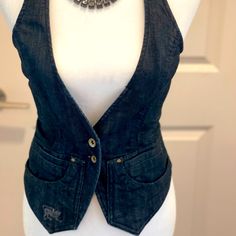 Nwt Dark Denim Vest, Fun To Dress Up Or Down, Can Be Worn In Many Ways. Vest Has Slim Fit. Beautiful Details Fitted Denim Vest, Jean Vest Top, Chic Fitted Dark Wash Denim Vest, Fitted Dark Wash Denim Top With Pockets, Fitted Dark Wash Denim Vest, Fitted Cotton Denim Top With Pockets, Denim Vest Aesthetic, Denim Couture, Denim Vests