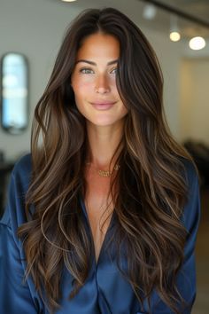 Long brunette hair with chic feathered layers Feathered Haircuts, Hair Color For Dark Skin, Rambut Brunette, Make Up Inspiration, Hair Envy, Long Hair Cuts, Brunette Hair, Great Hair, Hair Skin