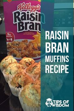 muffins with raisin bran in the background and text reading raising brain muffins recipe