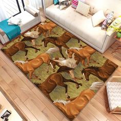 a rug with horses running in the grass