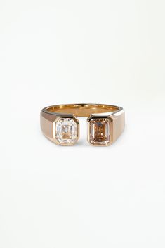 14k solid Fairmined yellow gold Champagne diamond, emerald cut, 6.23x4.79x3.41mm, 1.01ct, Argyle mine, Australia originDiamond, emerald cut, 6.10x4.94x4.01mm, 1.01ct, L VVS2, GIA certified, reclaimed originDiamonds 2.02 total carat weightRing band tapers from approximately 7mm to 3.4mm wide Gia Certified Rectangular Gold Diamond Ring, Classic Emerald Cut Emerald Ring In Rose Gold, Modern Gold Emerald Cut Diamond Ring, Modern Gold Emerald-cut Diamond Ring, Modern Gold Emerald Cut Ring, Emerald Cut Emerald Ring With Rose Cut Diamonds, Gold Radiant Cut Gia Certified Emerald Ring, Gold Emerald-cut Ring For Formal Occasions, Gia Certified Radiant Cut Gold Emerald Ring