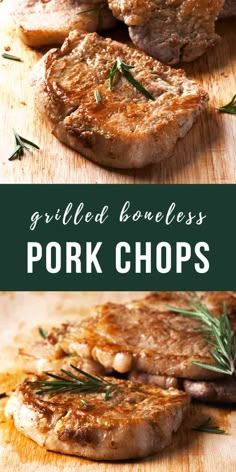 grilled pork chops on a cutting board with rosemary garnish and text overlay