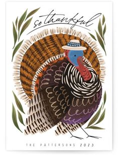 a thanksgiving card with a turkey wearing a hat