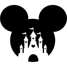 a black and white mickey mouse head with castle in it's ears, on a white background