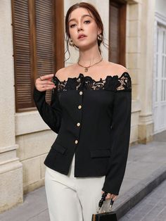 Elegant & Chic High-End Black Lace Patchwork Off-Shoulder Fitted Regular Jacket Black Elegant  Long Sleeve Woven Fabric Colorblock,Plain  Non-Stretch All Women Clothing, size features are:Bust: ,Length: ,Sleeve Length: Lace Coat, Elegante Y Chic, Bow Shorts, Couple Matching, Elegant Chic, Black Party, Elegant Dresses Long, Classy Women