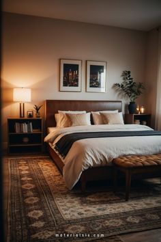 A cozy bedroom with a wooden bed, soft lighting from a bedside lamp, and framed cityscape photos on the wall. Bedroom Interior For Couples, Cozy Bedroom Rustic, Cute Couples Bedroom, Room Ideas For Married Couples, Bedroom Inspo Couple, Aesthetic Couple Bedroom, Homey Aesthetics, Room Ideas Couples, Master Bedrooms Decor Romantic