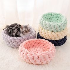 three knitted cat beds in various colors and sizes on a white furnishing