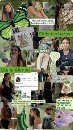 the collage has many different pictures and words on it, including one with a green butterfly