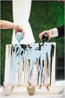 two people are painting on an easel with blue and black paint, while one person is holding a bottle