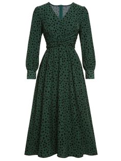 Green V-Neck Leopard A-Line Dress Dark Green Long Sleeve Midi Dress For Spring, Green A-line Midi Dress For Winter, Green A-line Midi Dress For Fall, Dress Leopard Print, Zoot Suit, Closet Wishlist, Dress Leopard, 1940s Dresses, Dress Pant