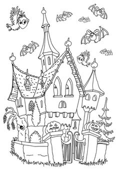 a coloring page with an image of a house and some birds in the sky above it