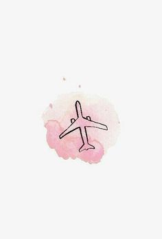 an airplane is flying in the sky with a pink cloud behind it and a white background