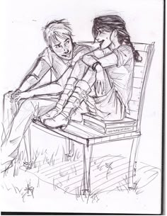 a drawing of two people sitting on a bench with one holding the other's leg