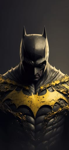 the dark knight batman costume is shown in this image, it appears to be painted yellow and