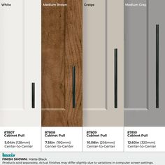 the different types of cabinet doors with measurements and finishes for each door in this image