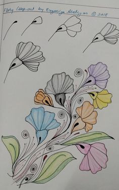 a drawing of flowers and leaves on a sheet of paper