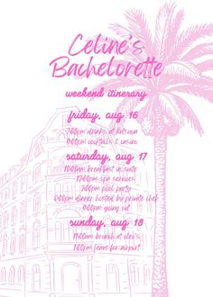 a pink and white poster with a palm tree