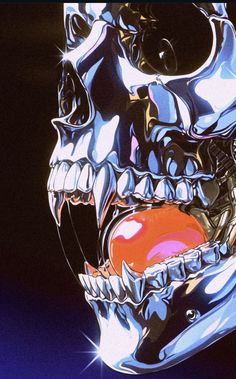 a close up of a metal skull with an orange ball in it's mouth