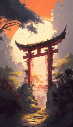 A beautiful Torii at the end of a mysterious pathway surrounded with red and white shrubbery, vibrant green trees, during the sunset. Makes a great aesthetic wallpaper for you phone too! Torii Gate Wallpapers, Pathway Drawing, Anime Dress Design, Japanese Aesthetic Wallpaper, Japan Aesthetic Wallpaper, Great Aesthetic, Torii Gate, Japanese Artwork