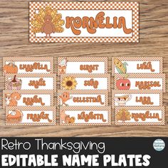 thanksgiving printable name plates with the words retro thanksgiving and an image of a turkey