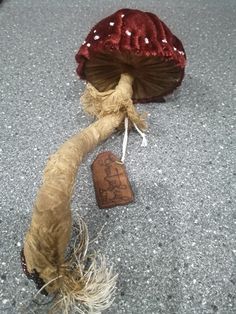 a stuffed mushroom sitting on the ground next to a tag with writing written on it