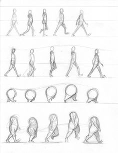 sketches of people walking and doing different things in the same direction, each with their own head