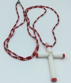 "Handmade Cross Necklace on 31\" beaded Heavy string. Made from glass Seed Beads" White Beaded Cross Necklace, White Beaded Cross Jewelry, Beaded Cross Necklace, Beaded Stuff, White Cross, Beaded Cross, Handmade Glass Beads, White Crosses, Glass Seed Beads