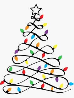 a drawing of a christmas tree with multicolored lights on it's branches