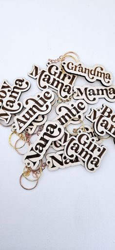 These laser cut and engraved keychains are great for back packs, diaper bags, travel bags, stocking stuffers, birthday gifts and so much more. Keychain comes with keyring. Dimensions are 2.5". Laser cut and engraved using 1/8" Baltic Birch.  Choose either a gold and rose gold chain with ring.  SHIPMENT + DELIVERY >Domestic (within Canada) shipping speeds are 5-7 business days. No Tracking for Domestic >International (US) shipping speeds are 7-10 days. Please keep this in mind when you place your Engraved Keychains, Mama Keychain, Keychain Acrylic, Mom Keychain, Acrylic Keychains, Mama Gifts, Rose Gold Chain, Diaper Bags, Bags Travel