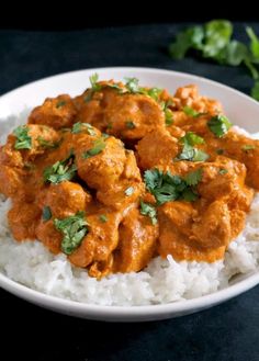 a white plate topped with rice covered in meat and garnished with cilantro