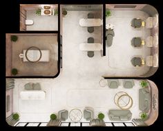 an aerial view of a living room and dining area from above, with furniture arranged on the floor