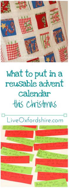 a christmas quilt with the words, what to put in a reusable advent calendar this christmas