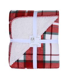 a red and white plaid blanket with a white ribbon around it's edge on a white background