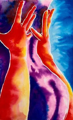 two hands reaching up into the sky to touch each other with their fingers, painted in bright colors