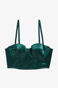 Dark teal satin bustier bra - Dark teal - Monki GB Net Bra, Fish Nets, Satin Bustier, Green Bras, Soft Girl Aesthetic, Bottle Green, Pet Bottle, 50s Fashion, Party Tops