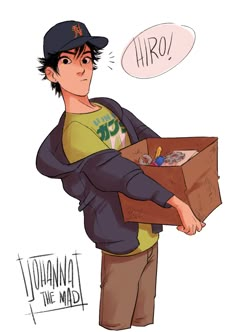 a drawing of a boy holding a box with the word hero written on it and an empty thought bubble above his head