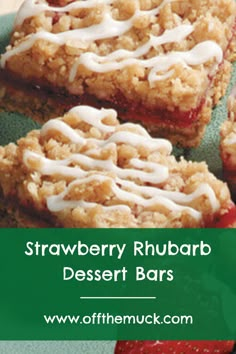 Dessert bars with red strawberry in the middle, crust on the top and bottom, and icing drizzled on top. Rubarb Bars, Rhubarb Bars Recipes, Rhubarb Butter, Rhubarb Dream Bars, Strawberry Rhubarb Bars, Strawberry Rhubarb Recipes