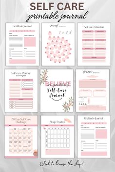 the self care printable journal is shown in pink and white