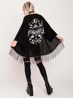 Forest Witch Kimono Cottagecore Witch Outfit, Mystical Clothes, Hooded Capes, Kimono With Fringe, Dark Wardrobe, Witchy Outfits, Forest Witch, Boho Goth, Goth Look