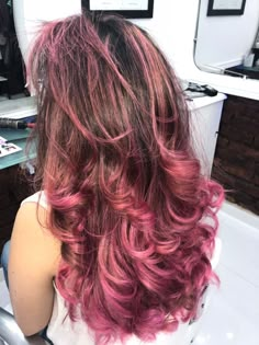 Pink Hair At The Ends, Dark Brown Pink Highlights, Brown Hair Pink Highlights Curly, Dark Pink And Brown Hair, Pink Balyage Long Hair Brunettes, Half Pink Half Brown Hair, Red Streaks In Blonde Hair, Pink Lowlights In Brown Hair, Pink Hair Streaks Brunette