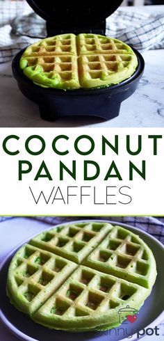 two photos with the words coconut pandan waffles on them and an image of a