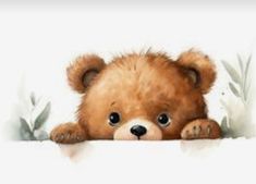 a brown teddy bear peeking out from behind a white wall with green leaves on it