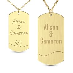 two gold dog tags with names engraved on the front and back, hanging from a chain