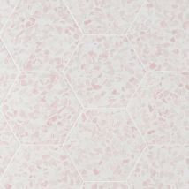 a white and pink wallpaper with hexagonal tiles on it's sides