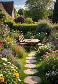 a garden with stepping stones leading to a table and chairs in the middle of it