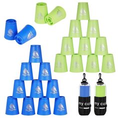 an assortment of blue and green plastic cups