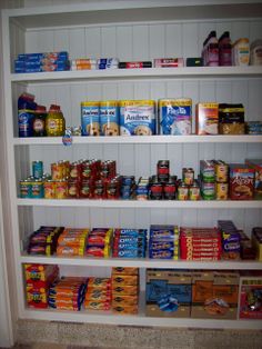 the shelves are full of food and snacks