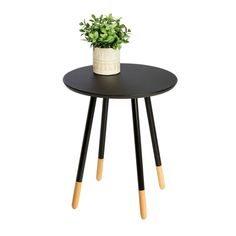 a small potted plant sitting on top of a black table with two wooden legs