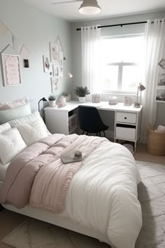 a white bed sitting in a bedroom next to a window