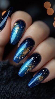 Blue and Gold Foil nails are a luxurious way to embrace fall's elegance. The rich blue base paired with shimmering gold foil creates a stunning, eye-catching design. Click the pin and follow us for more chic nail ideas! #FallNails #BlueAndGold #NailArt #NailInspo #NailDesigns Gel Nail For Wedding, Good Engagement Nails, Blue And Gold Chrome Nails, Elegant Nail Designs Glamour, Blue Black And Gold Nails, Navy Blue With Gold Nails, Dark Blue With Gold Nails, Wedding Day Nails Blue, Dark Blue Nails With Gold